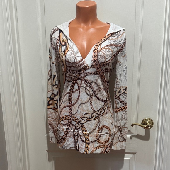 Cache Sweaters - CACHE Ivory Gold Embellished Chain Print Hooded Surplice Sweater M Medium $88 KL